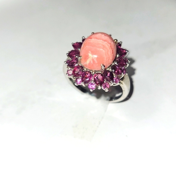 RING 5ct Pink Banded Rhodochrosite Double Amethyst Halo Sterling Silver - Picture 4 of 10